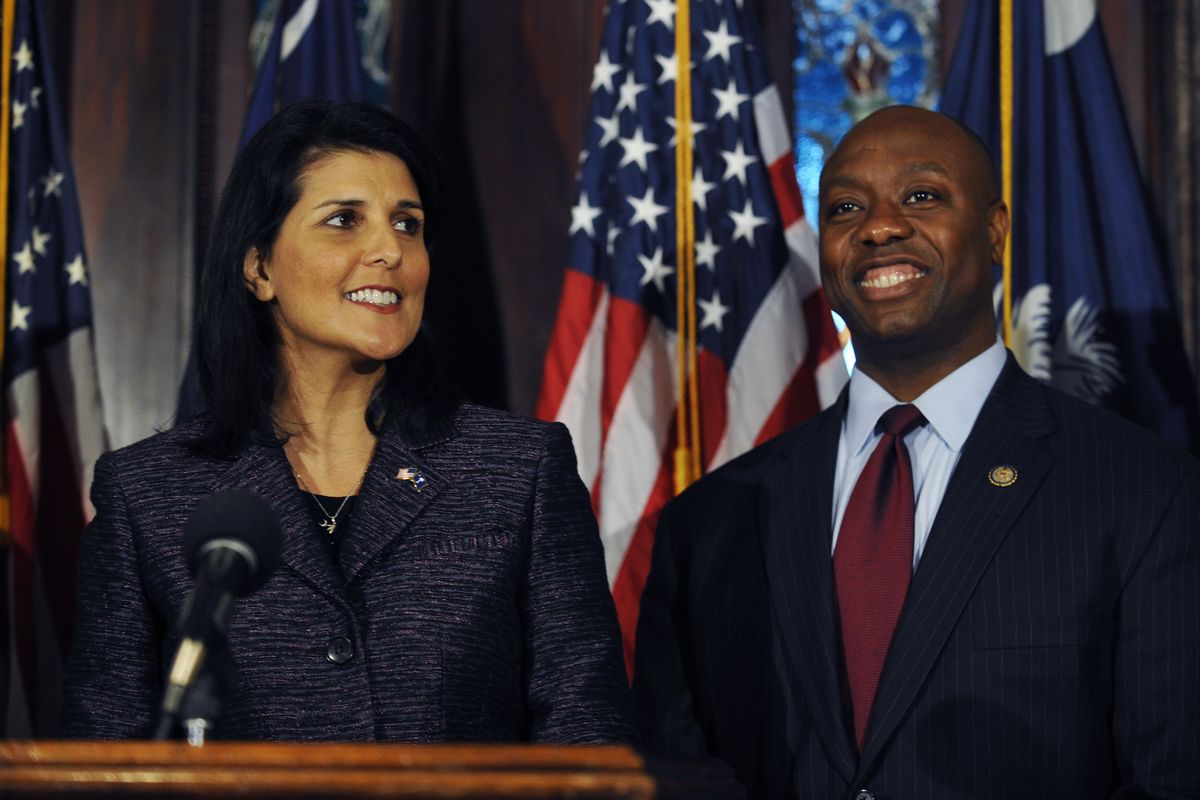 South Carolina Gov. Nikki Haley, left, announces U.S. Rep. Tim Scott, right, as Sen. Jim DeMint's replacement in the U.S. Senate during a news conference at the South Carolina Statehouse, Monday, Dec. 17, 2012, in Columbia, S.C., making him the only black Republican in Congress and the South's first black Republican senator since Reconstruction. (Rainier Ehrhardt / Fr155191 Ap)