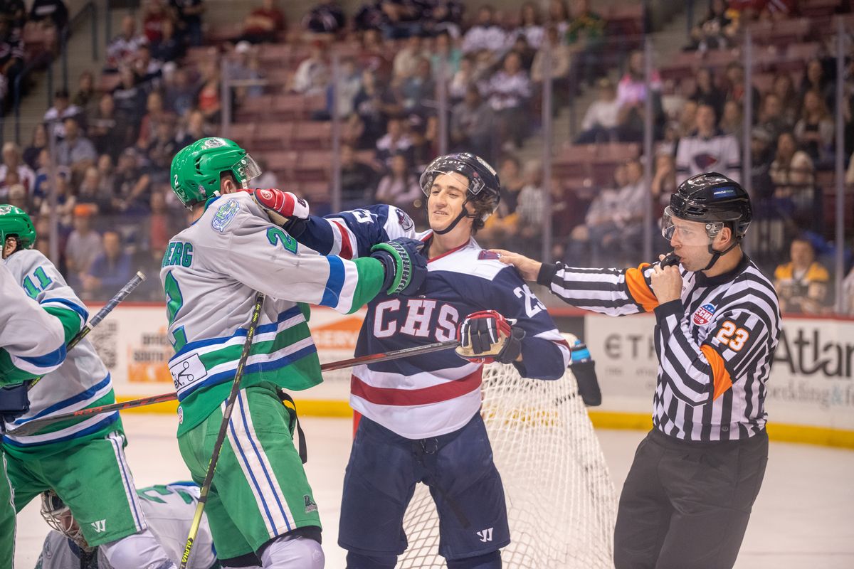 Former Spokane Chiefs forward Bear Hughes, center, gets into a scuffle with Florida Everblades defenseman Cole Moberg during an ECHL game on April 24. Hughes was named to the ECHL All-Star team this season.  (Brian Stone Photography/South Carolina Stingrays)