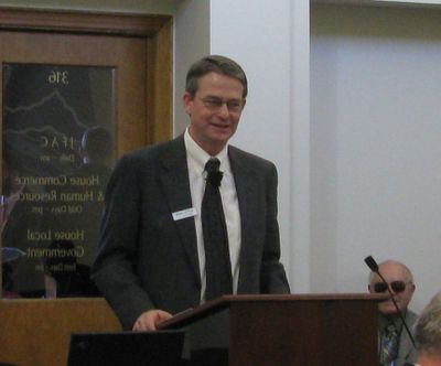 Lt. Gov. Brad Little addresses the Joint Finance-Appropriations Committee at the close of his budget hearing, telling lawmakers the governor is doing well after shoulder surgery, 2/3/09 (Betsy Russell / The Spokesman-Review)