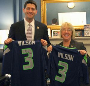 Photo shows Sen. Patty Murray and Rep. Paul Ryan holding Seahawks' Russell Wilson jerseys. Murray gave Ryan an autographed jersey because they found out during budget talks they both admired the quarterback. (Sen. Patty Murray's office)