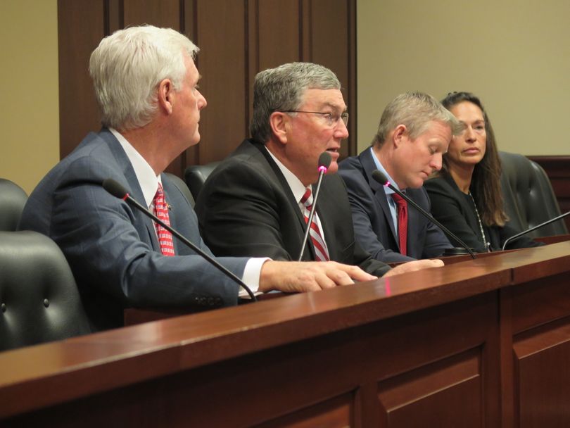 House Speaker Scott Bedke, R-Oakley, speaks at the AP Legislative Preview in the state Capitol in Boise on Friday, Jan. 5; at left is Senate President Pro-Tem Brent Hill, R-Rexburg; at right are House Minority Leader Mat Erpelding, D-Boise; and Senate Minority Leader Michelle Stennett, D-Ketchum. (Betsy Z. Russell)