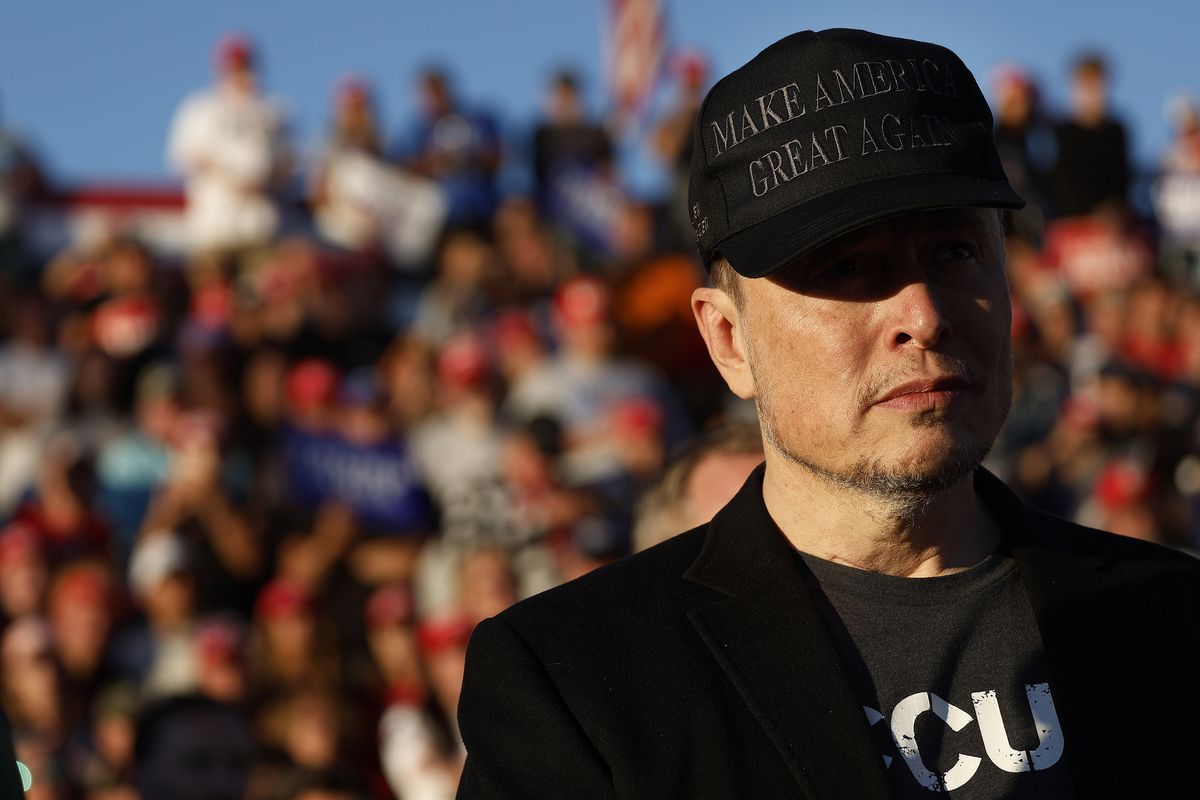 Elon Musk attends a campaign rally with Donald Trump at the Butler Farm Show fairgrounds on Oct. 5 in Butler, Pa.  (Anna Moneymaker)