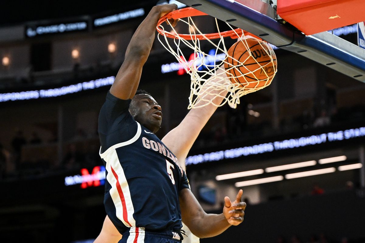 Gonzaga Bulldogs forward Emmanuel Innocenti (5) dunks the ball after he stole it from the San Francisco Dons during the first half of a college basketball game on Wednesday, Feb 18, 2026, at Chase Center in San Francisco, Calif.  (Tyler Tjomsland/The Spokesman-Review)