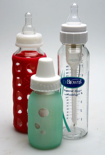 Parents and stores are ditching baby products that contain the chemical bisphenol-A, or BPA for alternative products like these glass bottles.  (Rich Sugg / Kansas City Star/MCT)