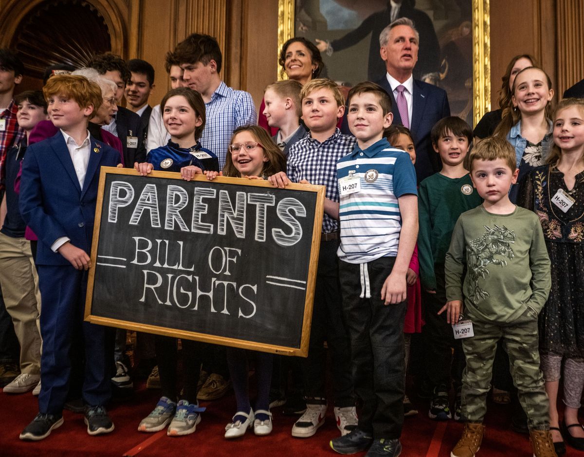 House Speaker Kevin McCarthy, R-Calif., upper right, and other GOP House members hold a press event to highlight the introduction of the “Parents Bill of Rights” in March.   (Bill O