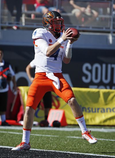 Boise State quarterback Brett Rypien (4) catches a pass for a touchdown against UNLV during the first half of an NCAA college football game Saturday, Oct. 31, 2015, in Las Vegas. (Associated Press / Associated Press)