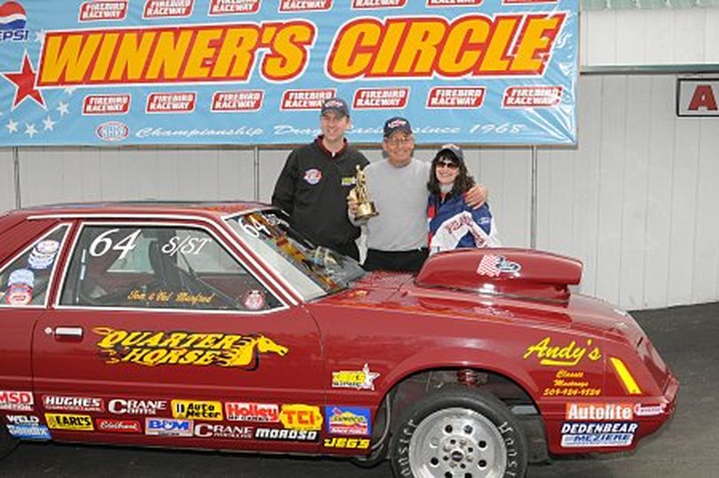 Tom Manfred (c) with his 1981 Ford Mustang Super Street sponsored by Andy Kautzman and Les Schwab of Veradale, after his final round victory at Firebird Raceway in Boise, Id. The win earned the Liberty Lake resident a spot in the JEGS All-Star Showdown set fo rJune 6. (Photo courtesy of Firebird Raceway) (The Spokesman-Review)