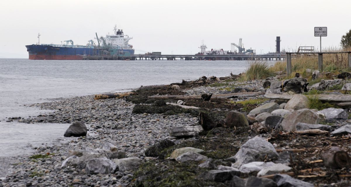 A ship is moored at the BP oil refinery in the Strait of Georgia, near the site of a proposed coal exporting terminal near Bellingham.