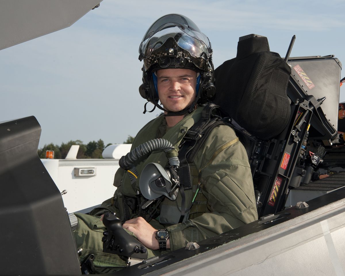 Marine Corps test pilot Capt. Michael Kingen sits in an F-35 cockpit Sept. 27 at Naval Air Systems Command in Patuxent River, Md.