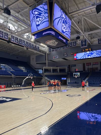 The Gonzaga women's basketball team huddles during practice on Thursday at the McCarthey Athletic Center.  (Luke Pickett/For The Spokesman-Review)