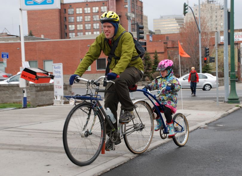 Jon Snyder, pictured biking his daughter to school in 2009, is a supporter of bicycle transportation and recreation.  (Rich Landers / The Spokesman-Review)