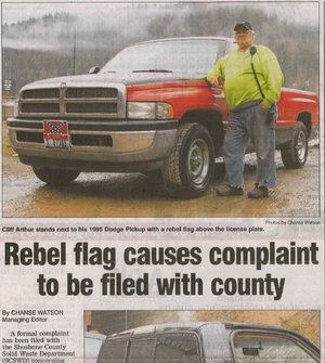 Here's the top of the front page of the Shoshone News Press Thursday, reporting on the controversy re: the Confederate flag-bearing pickup parked in a prominent spot at the transfer station by a Shoshone County Solid Waste Department employee. Jon Ruggles of Wallace has objected to the display of the Confederate flag.