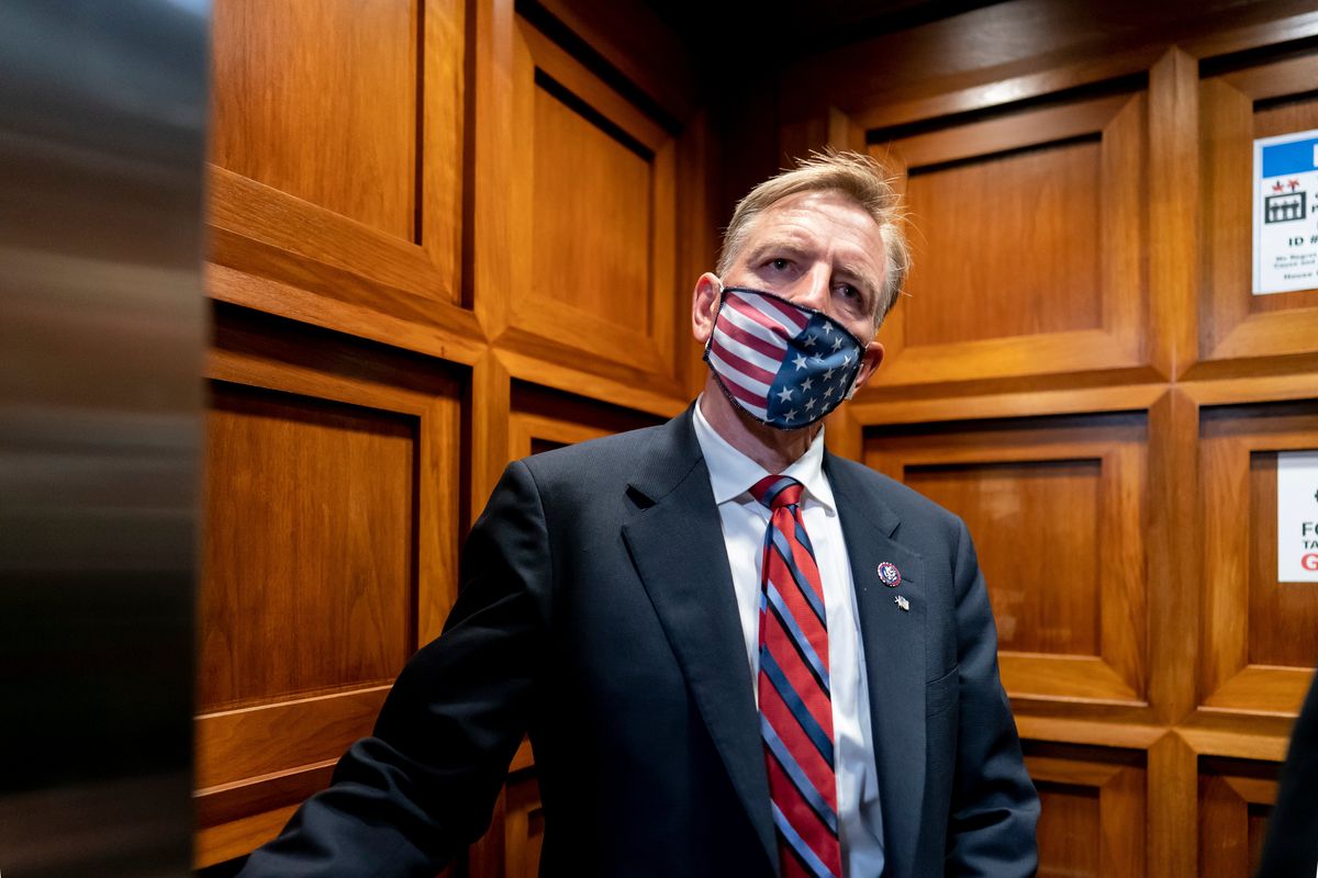 Republican Rep. Paul Gosar of Arizona takes an elevator on Capitol Hill on Wednesday before the House of Representatives passed a resolution to formally rebuke him for tweeting an animated video that depicted him striking Rep. Alexandria Ocasio-Cortez, D-N.Y., with a sword.  (J. Scott Applewhite)