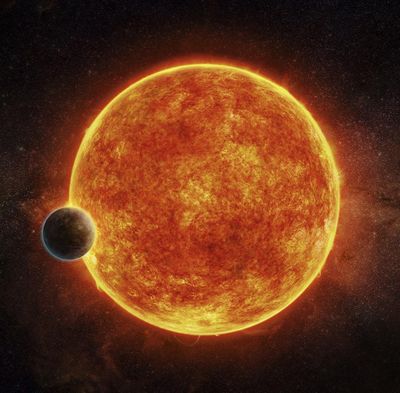 In this artist tendering provided by M. Weiss Harvard-Smithsonian Center for Astrophysics, a newly discovered rocky exoplanet, LHS 1140b. This planet is located in the liquid water habitable zone surrounding its host star, a small, faint red star named LHS 1140. The planet weighs about 6.6 times the mass of Earth and is shown passing in front of LHS 1140. Depicted in blue is the atmosphere the planet may have retained. (M. Weiss Harvard-Smithsonian Center for Astrophysics via AP) ORG XMIT: WX103 (M. Weiss / AP)