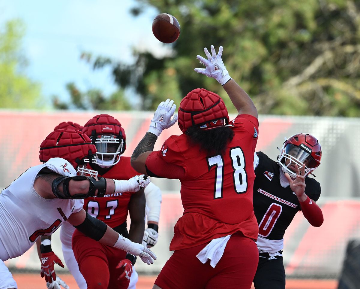 Eastern Washington quarterback Kekoa Visperas passes during the Eagles’ Red-White Game on Friday at Roos Field in Cheney.  (COLIN MULVANY/THE SPOKESMAN-REVIEW)