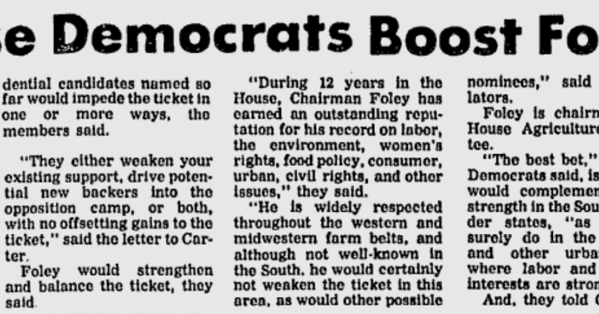 This day in history: Jimmy Carter urged by Democrats to name Tom Foley as running mate