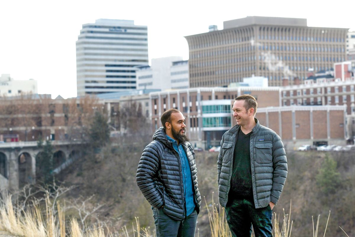 Vince Peak, left, and Adam Hegsted of Share Farm are photographed in Spokane on Wednesday, Feb. 15, 2023. They have been accepted into Techstars and are the first from Spokane. Techstars is an accelerator program with a worldwide network for early-stage entrepreneurs.  (Kathy Plonka/The Spokesman-Review)