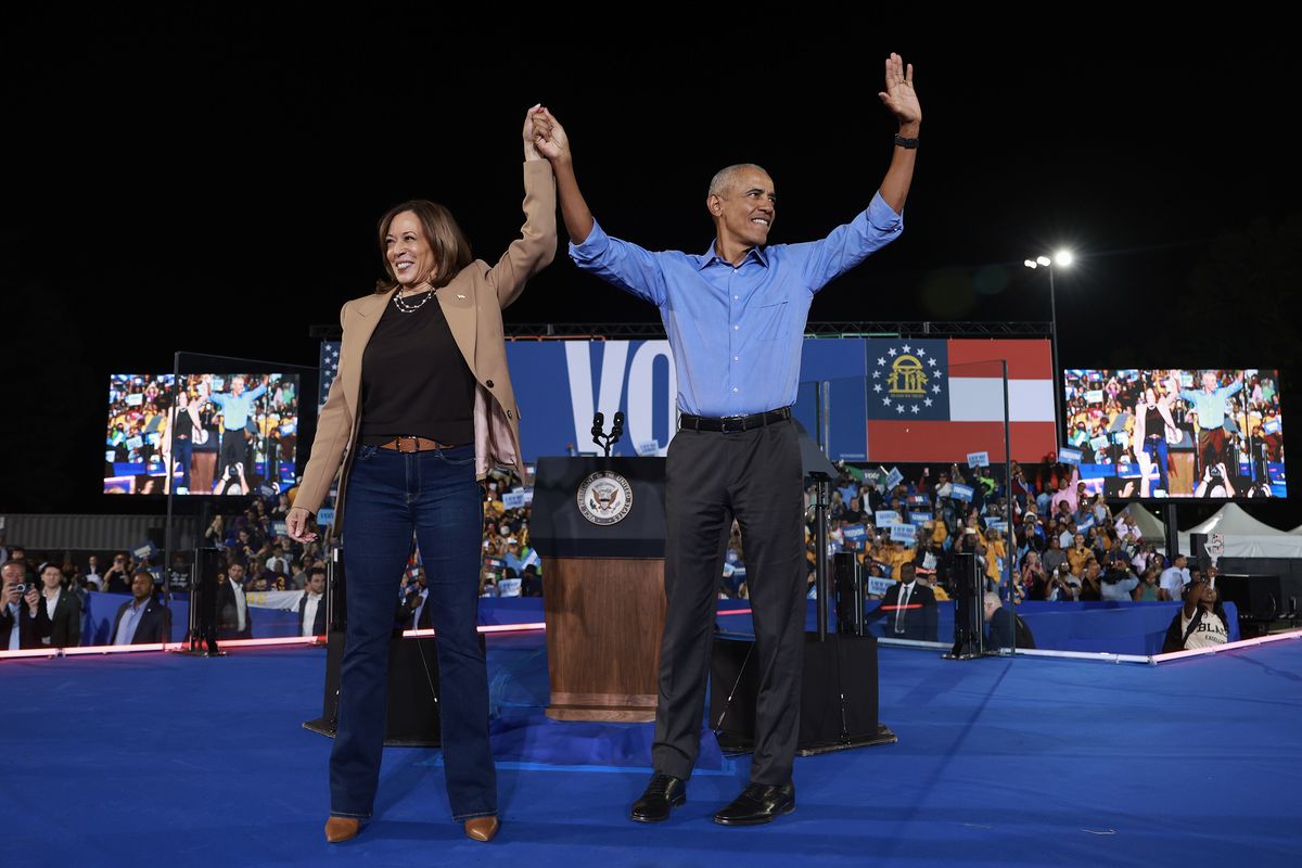 Democratic presidential nominee, U.S. Vice President Kamala Harris, campaigns with former President Barack Obama at the James R Hallford Stadium on Oct. 24, 2024, in Clarkston, Georgia. Harris and Republican presidential nominee, former U.S. President Donald Trump, continue campaigning in battleground swing states before the November 5 election.   (Joe Raedle/Getty Images North America/TNS)