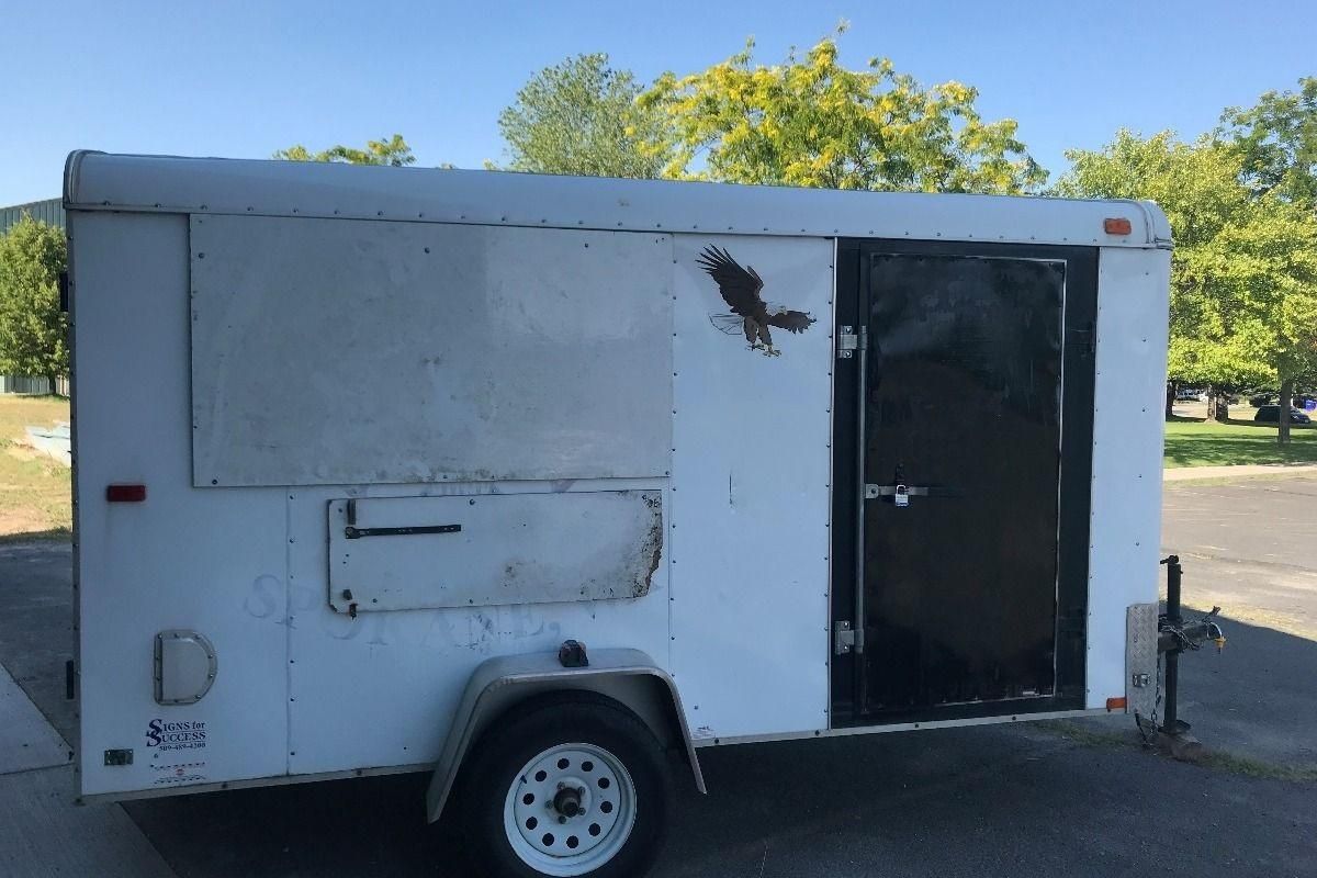 The Boy Scout Troop 218’s trailer was stolen and then recovered after a tip was received by Spokane County Sheriff’s Office. The trailer had been painted over and boards mounted, apparently an attempt to cover up the Scout symbols and printing on it. (Courtesy of Boy Scout Troop 218’s GoFundMe page)