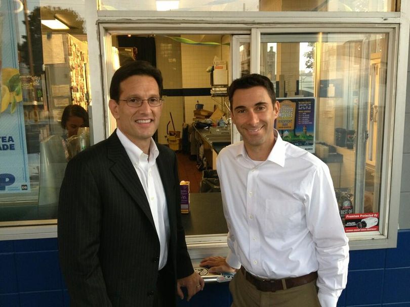 House Majority Leader Rep. Eric Cantor, R-Va., stops for a cup of Dutch Bros. Coffee with Washington State Rep. Kevin Parker, R-Spokane, on Friday morning. The two met during a Rep. Cathy McMorris Rodgers fundraiser Thursday night and Cantor expressed interest in seeing Parker's business. (From Kevin Parker's Twitter Account)