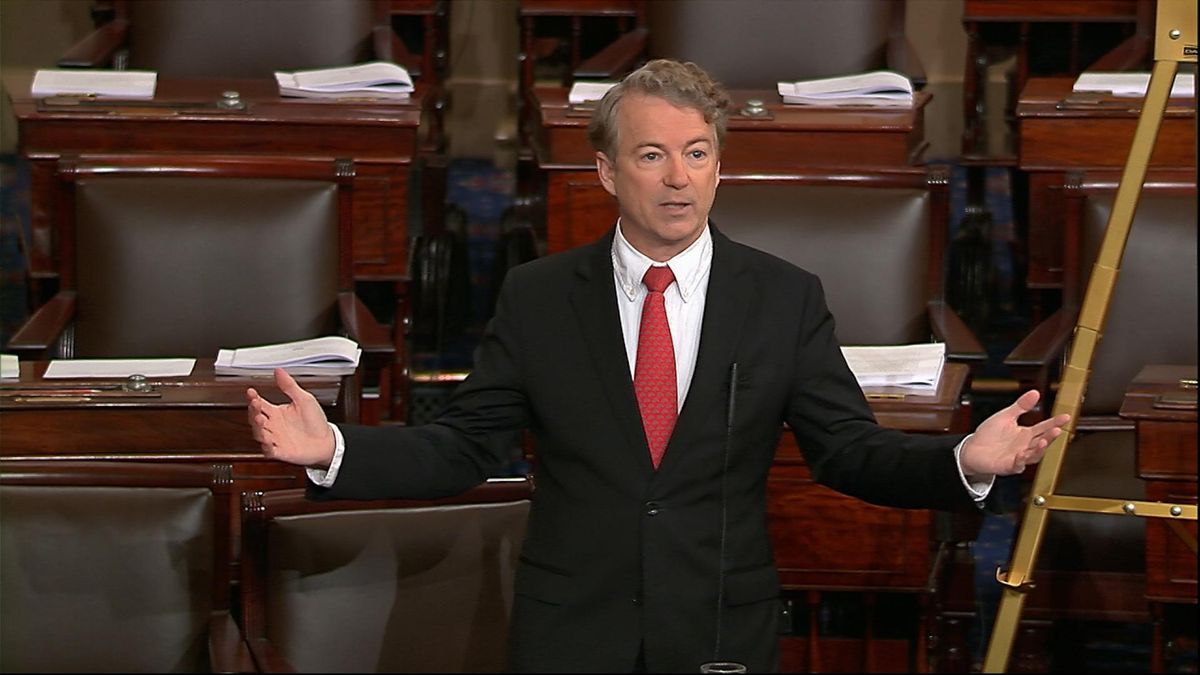 In this image from video from Senate Television, Sen. Ran Paul, R-Ky., speaks on the floor of the Senate Thursday, Feb. 8, 2018, on Capitol Hill in Washington. (Senate TV via AP)