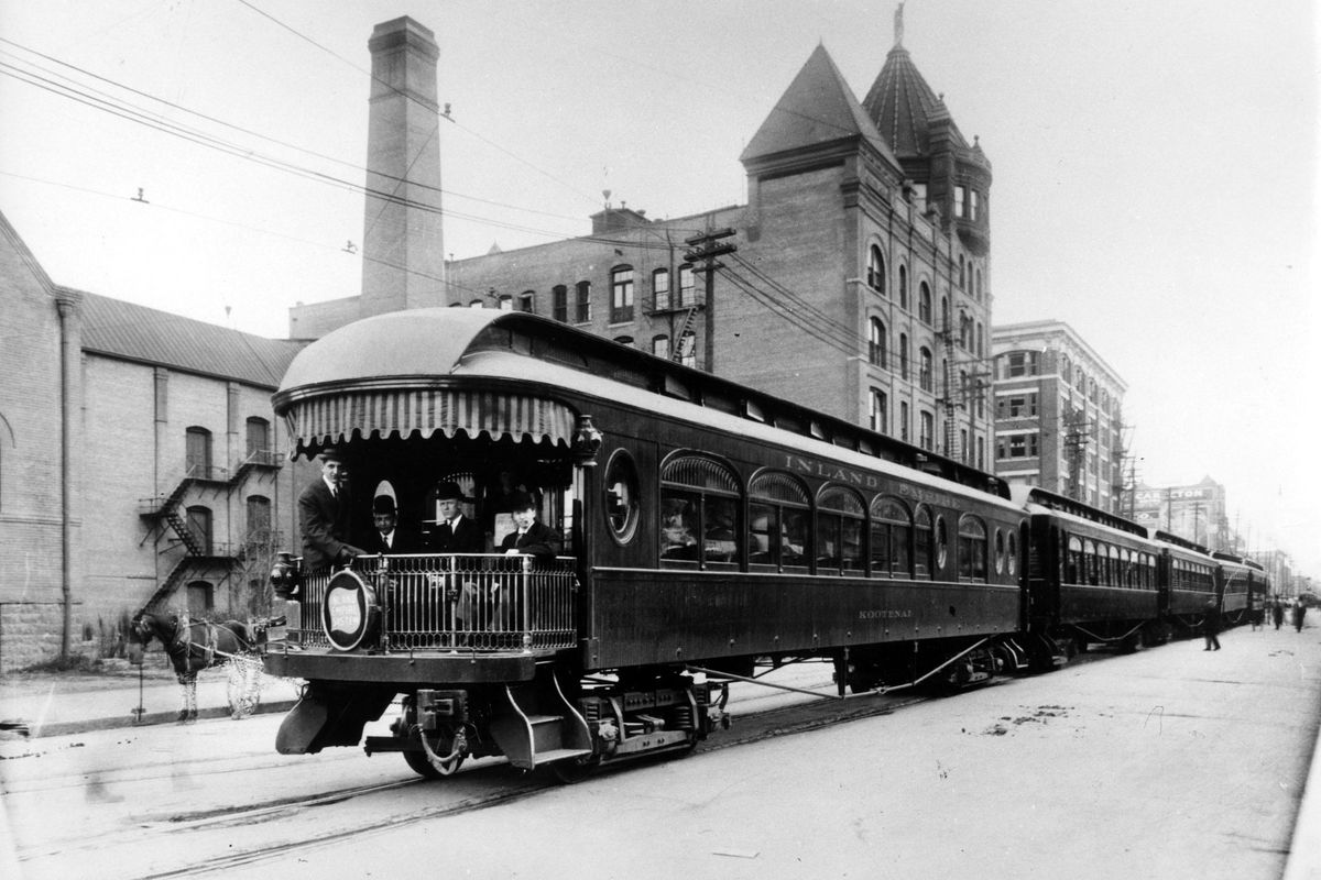 A Spokane & Inland Empire Railway Co. electric interurban train is pictured in 1912 on Main Street, just west of Post Street. Parts of a line that connected downtown Spokane to Colfax, Moscow and other Palouse points have been turned into roads or trails and named for Ben Burr. (Spokesman-Review archives)