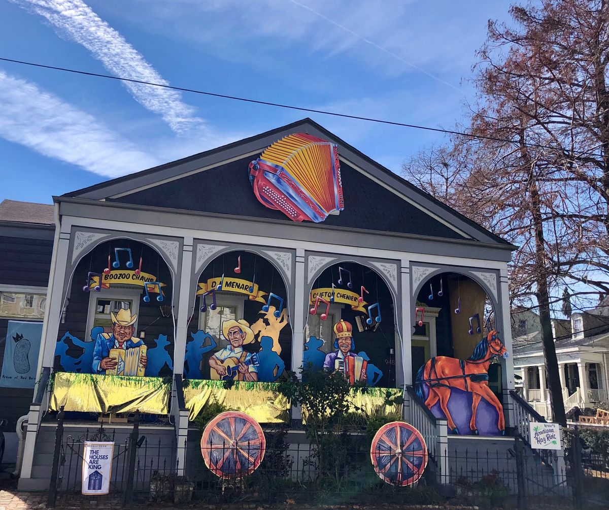 The city of New Orleans canceled Mardi Gras parades and floats. In response, thousands of homes around the city installed artful “house floats” with such themes as Zydeco.  (Andrea Sachs/Washington Post)