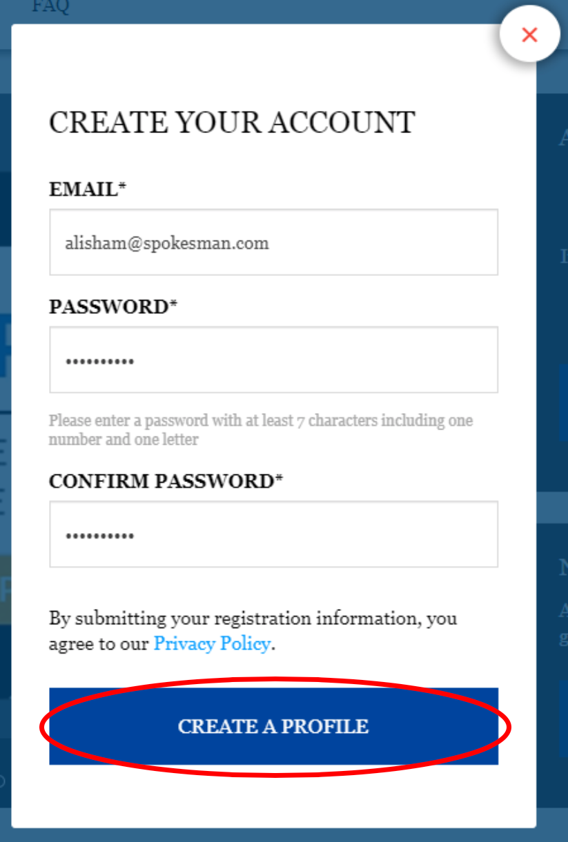 'CREATE A PROFILE' button location within 'CREATE YOUR ACCOUNT' dialog