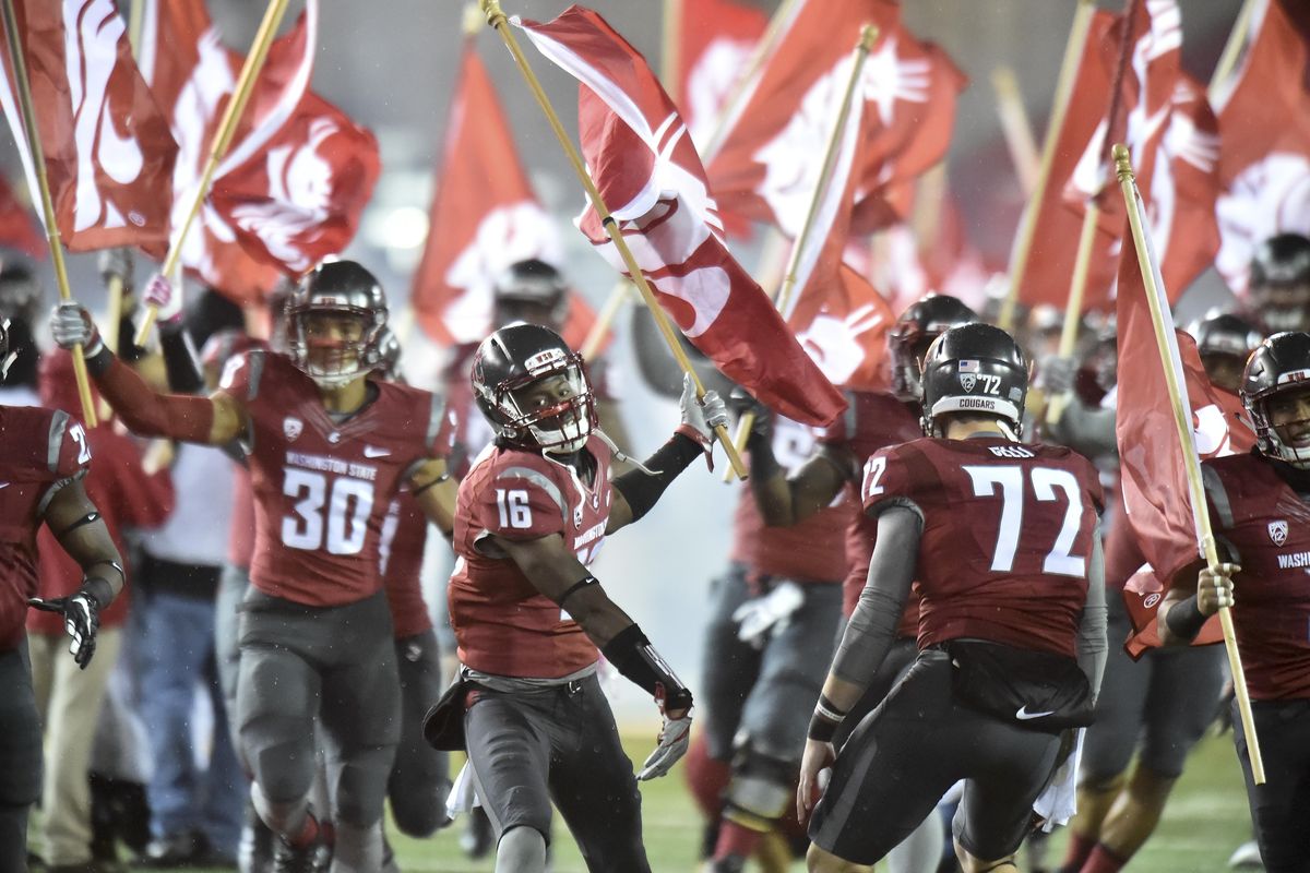 Washington State Cougars cornerback Treshon Broughton (16) reacts as he heads to the field to face UCLA in a Pac-12 college football game on Saturday, Oct. 15, 2016, Martin Stadium in Pullman. (Tyler Tjomsland / The Spokesman-Review)