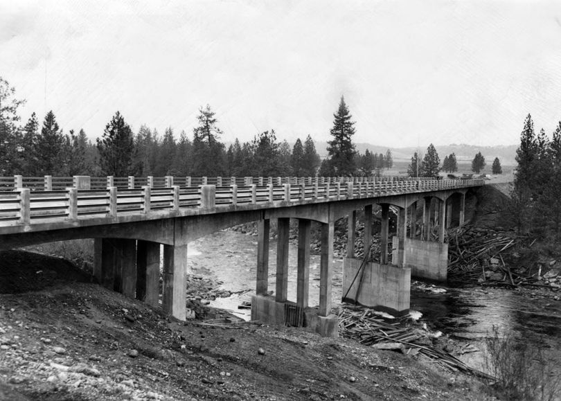 A special ceremony arranged by the Spokane Valley Chamber of Commerce in November, 1951, formally dedicated the new Sullivan bridge connecting the Apple way and trent road near the naval supply depot. The above picture looks northwewstward toward Trentwood. Many valley, county and state officials attended the ceremony opening the $200,000 bridge to traffic. 1951 photo. Photo Archive/The Spokesman-Review.
