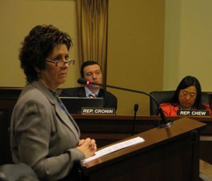 Karen Echeverria, executive director of the Idaho School Boards Association, testifies against HB 481, Rep. Bob Nonini's bill to lift all caps on creation of new charter schools in Idaho. (Betsy Russell)