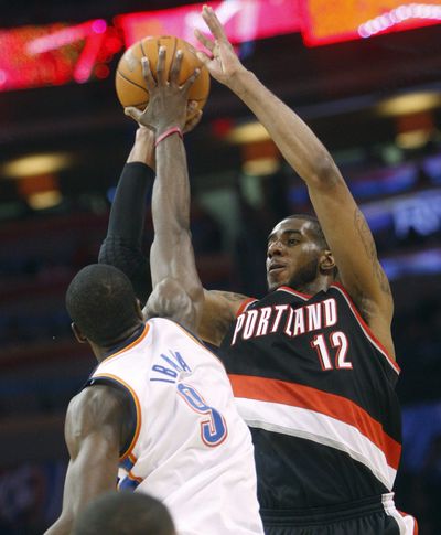 Serge Ibaka’s Thunder are 2-0 against Trail Blazers this year. (Associated Press)