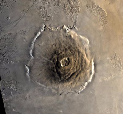 This is Olympus Mons. The image came from a space probe called the Viking orbiter. (NASA)