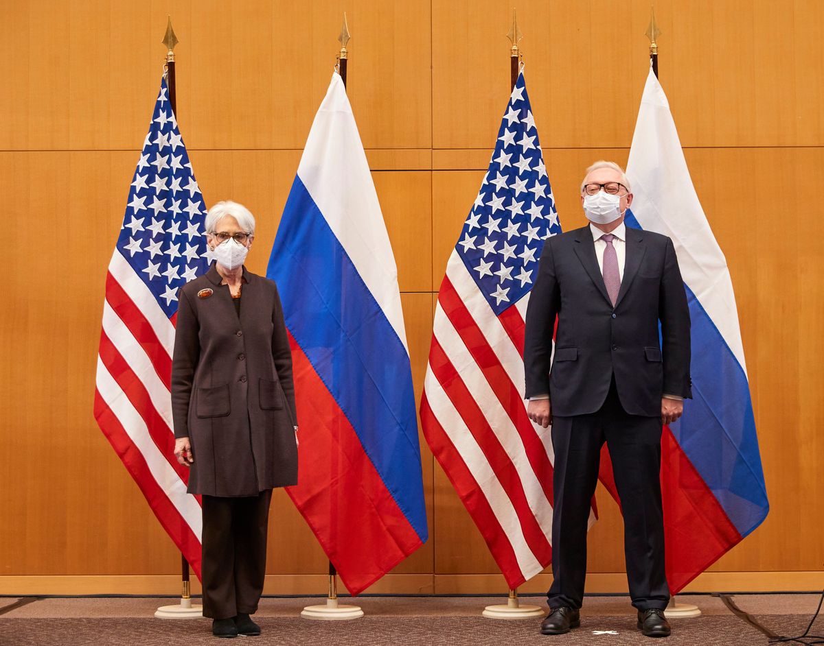US Deputy Secretary of State Wendy Sherman, left, and Russian deputy foreign minister Sergei Ryabkov attend security talks at the United States Mission in Geneva, Switzerland, Monday, Jan. 10, 2022.  (Denis Balibouse)