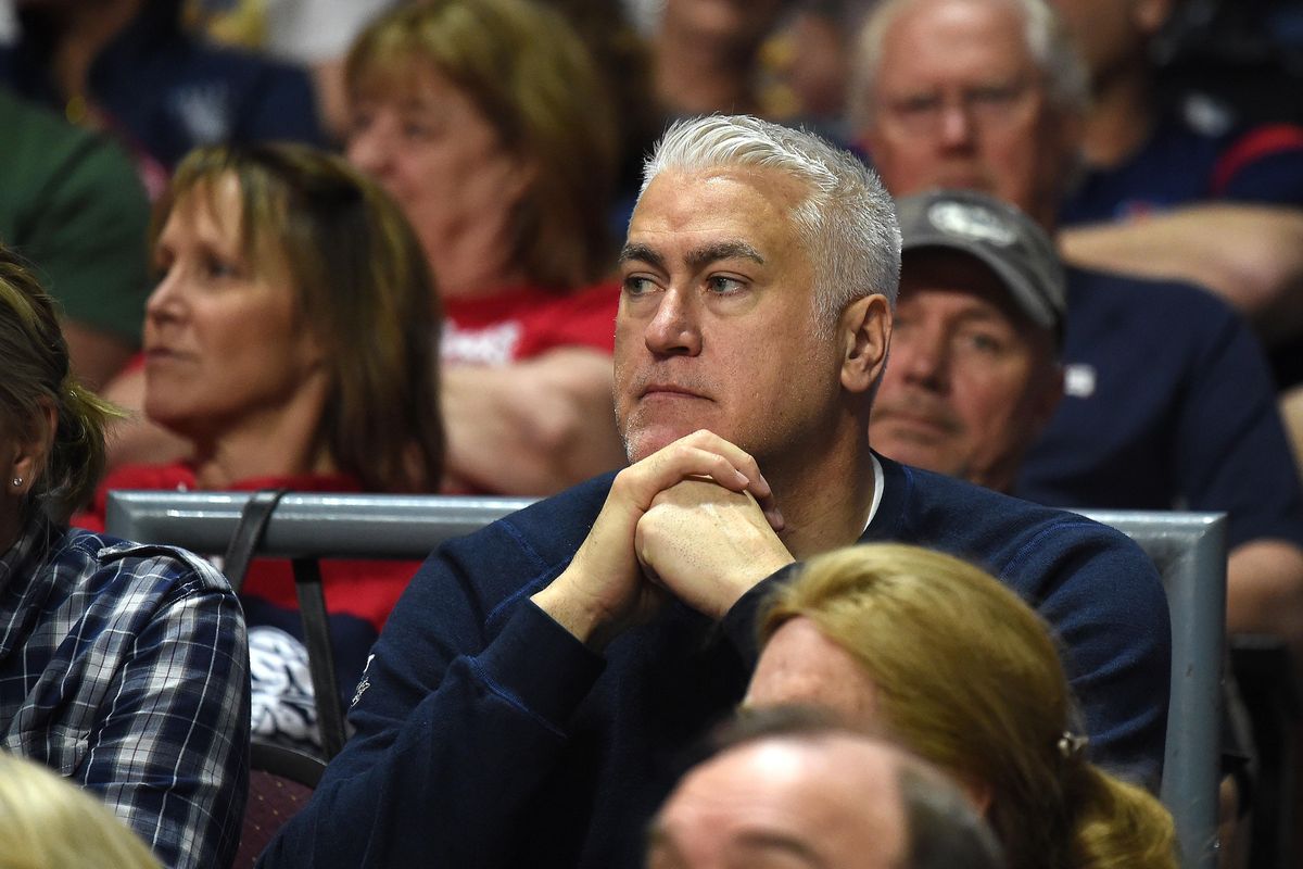 In this March 6, 2017 file photo, Oregon State men’s basketball coach Wayne Tinkle watches his daughter, Gonzaga guard Elle Tinkle, play during the second half of a WCC Tournament women’s basketball game at Orleans Arena in Las Vegas. (Colin Mulvany / The Spokesman-Review)