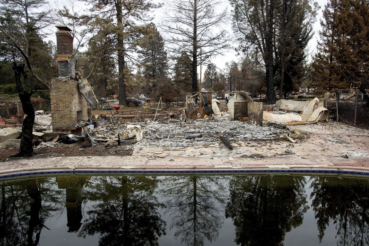On Dec. 3, 2018, trees reflect in a swimming pool outside Erica Hail’s Paradise, Calif., home, which burned during the Camp Fire. Water officials say the drinking water in Paradise, which was decimated by a wildfire last year, is contaminated with the cancer-causing chemical benzene. Fixing the problem could cost $300 million and take up to two years. The Sacramento Bee reports Thursday, April 18, 2019, experts believe the extreme heat of the November firestorm created a “toxic cocktail” of gases in burning homes that was sucked into water pipes when the system depressurized. (Noah Berger / Associated Press)