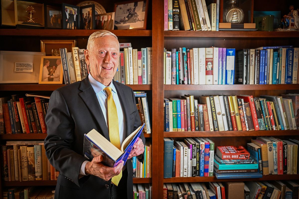 General James Mattis, U.S. Marine Corps (retired), stands in front of a bookshelf on March 12 at a small home in Richland, where he has an office and greets visitors. Mattis grew up in Richland, where his father worked at Hanford. Now 73, the former Secretary of Defense has stepped back from much public life but will receive the Thomas S. Foley Award for Distinguished Public Service on April 9 in Spokane.  (Jesse Tinsley/THE SPOKESMAN-REVIEW)