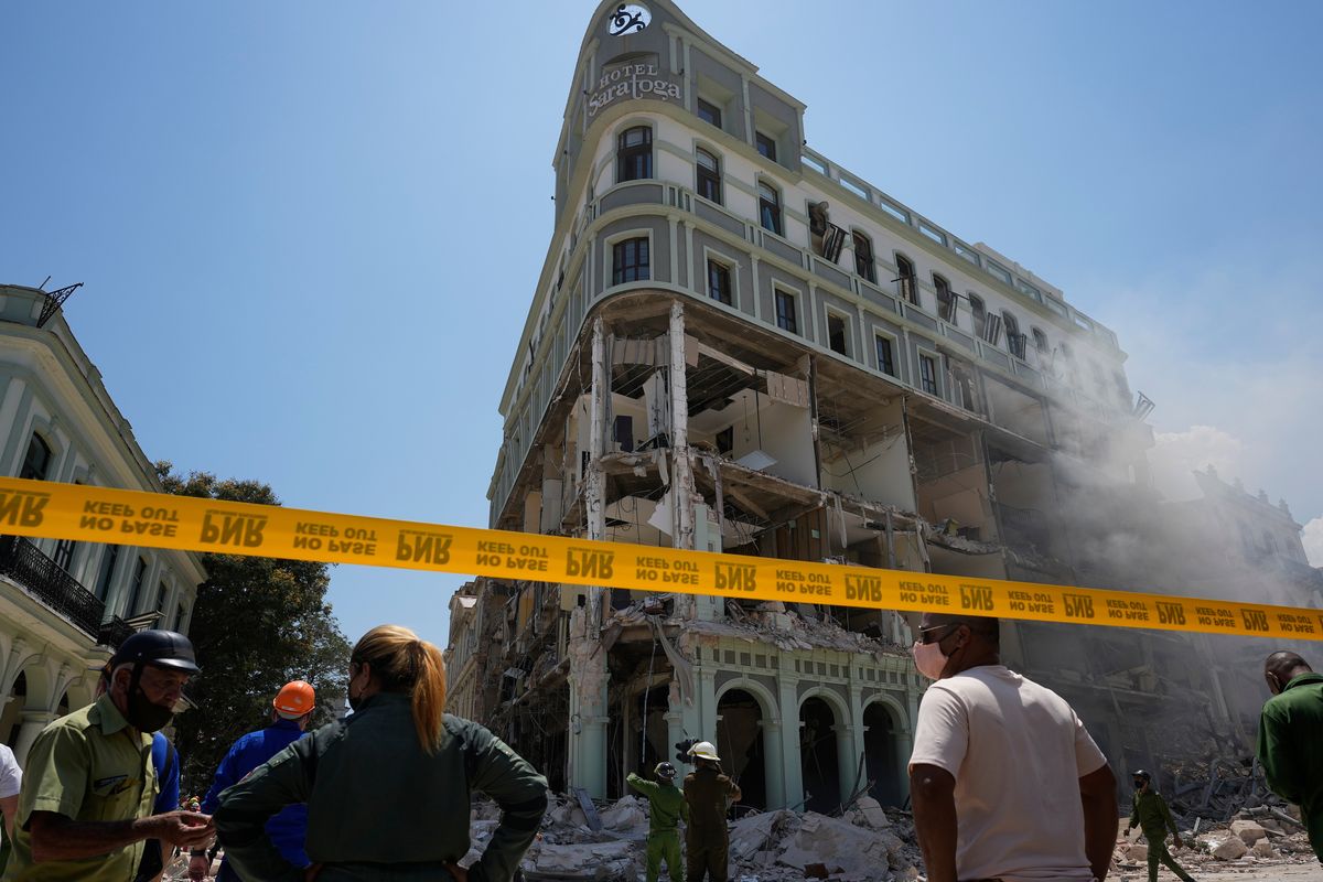The 5-star Hotel Saratoga stands heavily damaged after an explosion Friday morning in Old Havana, Cuba.  (Ramon Espinosa)