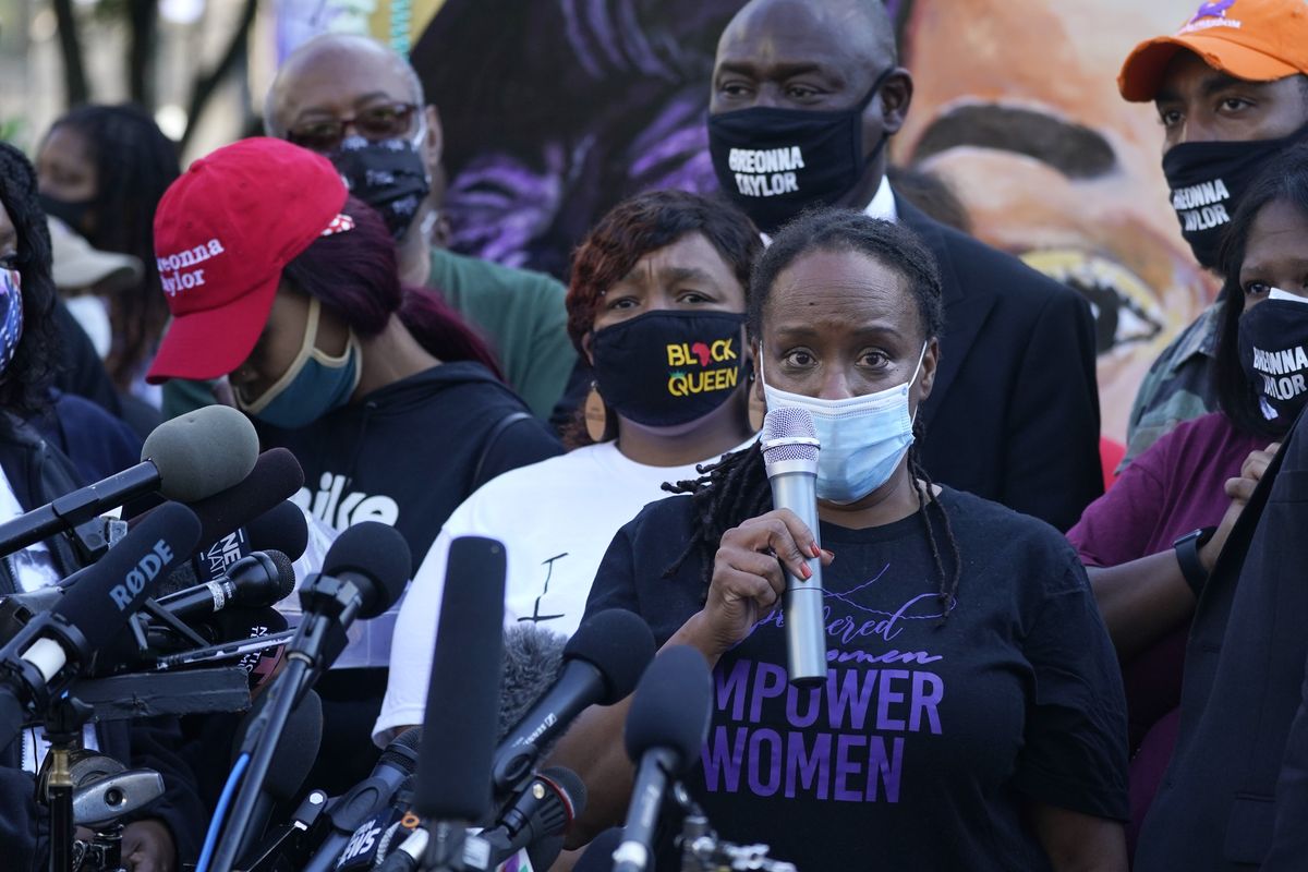 State Rep. Attica Scott speaks during a news conference, Friday, Sept. 25, 2020, in Louisville, Ky. Breonna Taylor