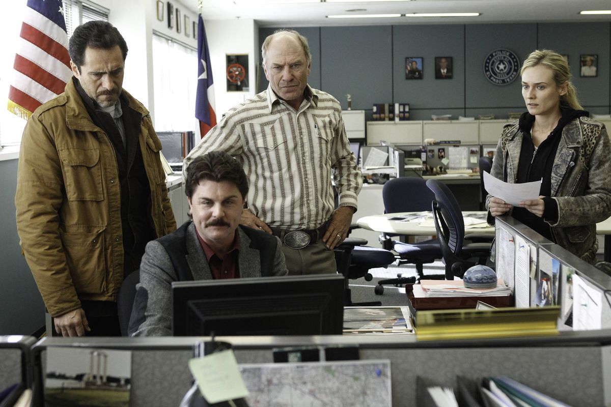 This undated publicity image released by FX shows, from left, Demian Bichir as Marco Ruiz, Johnny Dowers as Det. Tim Cooper, Ted Levine as Lt. Hank Wade and Diane Kruger as Sonya Cross in a scene from the FX series “The Bridge,” premiering July 10.