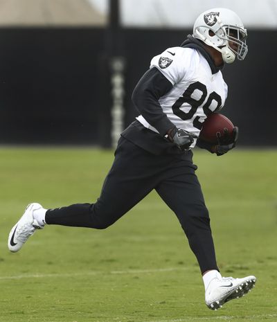 Oakland Raiders’ Amari Cooper runs during NFL football practice on Tuesday, May 22, 2018, at the team’s training facility in Alameda, Calif. (Ben Margot / Associated Press)