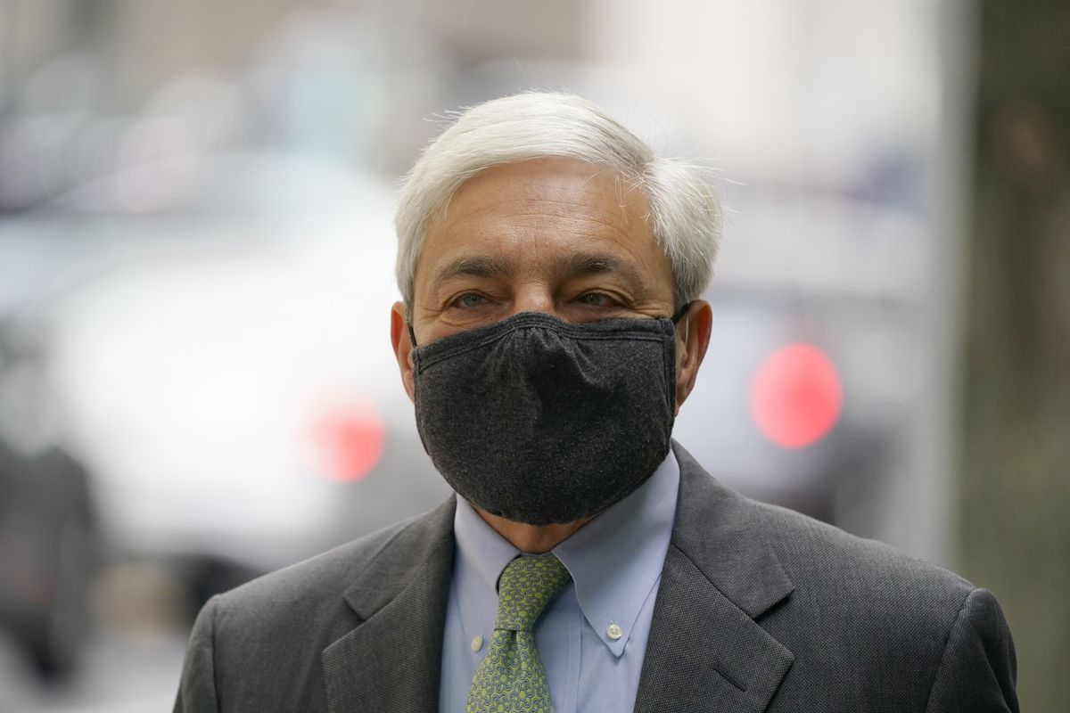 Former Penn State President Graham Spanier arrives for a hearing at the Dauphin County Courthouse in Harrisburg, Pa., Wednesday, May 26, 2021.  (Matt Rourke)