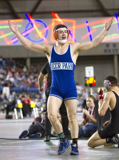 Deer Park's Joe Grable reacts after winning the 145-pound championship match in the State 1A tournament. (Patrick Hagerty)
