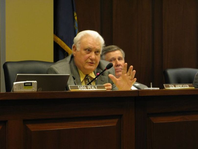 Sen. John Andreason, R-Boise, questions state schools Supt. Tom Luna on Thursday, asking if more time isn't needed to work out the final details of his school reform plan. Luna said no. (Betsy Russell)