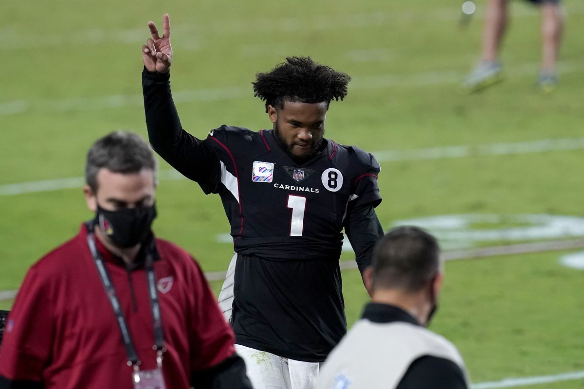 Arizona Cardinals quarterback Kyler Murray (1) leaves the field after an NFL football game against the Seattle Seahawks, Sunday, Oct. 25, 2020, in Glendale, Ariz. The Cardinals won 37-34 in overtime.  (Ross D. Franklin)