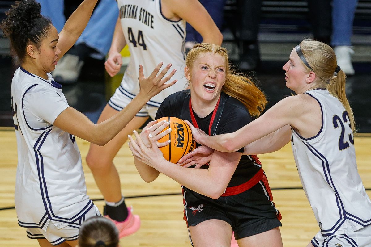 Eastern Washington forward Jaecy Eggers (10) fights for the rebound against Montana State during the Big Sky Basketball tournament semifinals matchup at the ICCU Arena in Boise, Idaho.  (Steve Conner/For The Spokesman-Review)