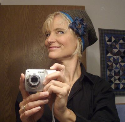 Dwell Well reader Jill Skeie models a hat she made from a vintage men's coat. (Jill Skeie)