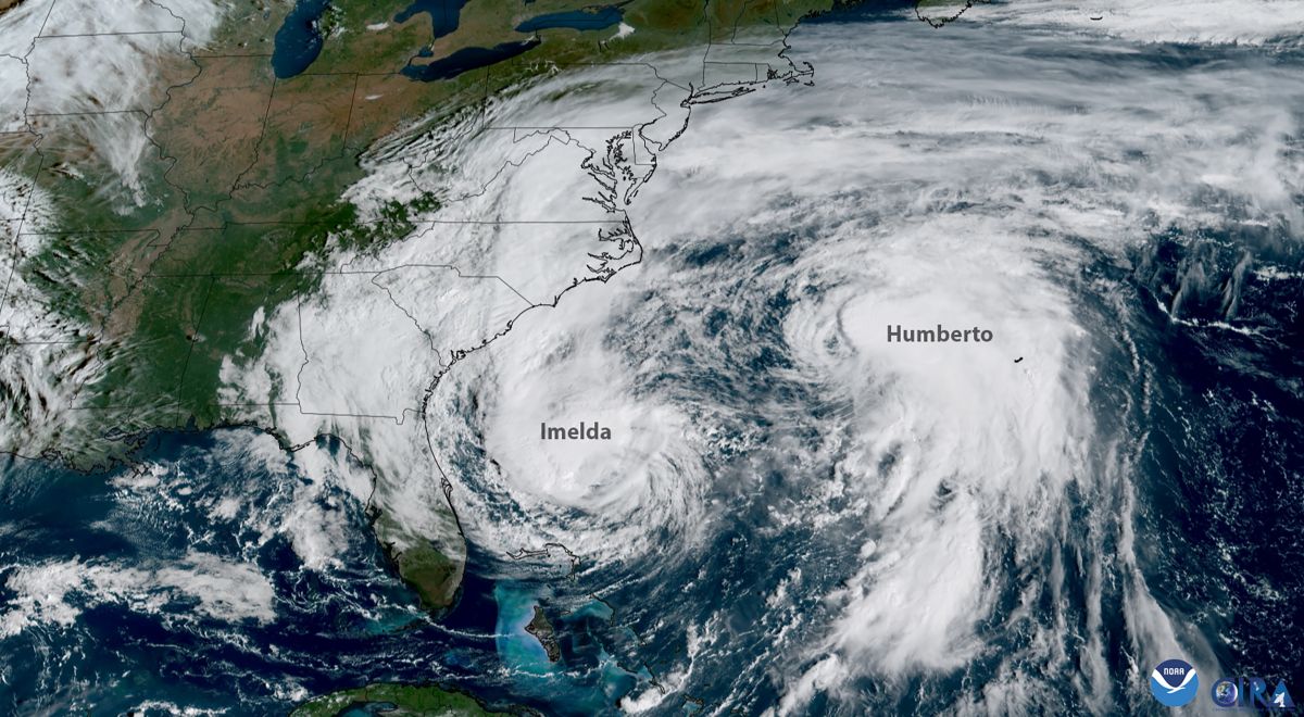NOAA’s GOES-19 satellite captured images of hurricanes Imelda and Humberto on Sept. 30 churning off the U.S. East Coast.  (NHC/TNS)