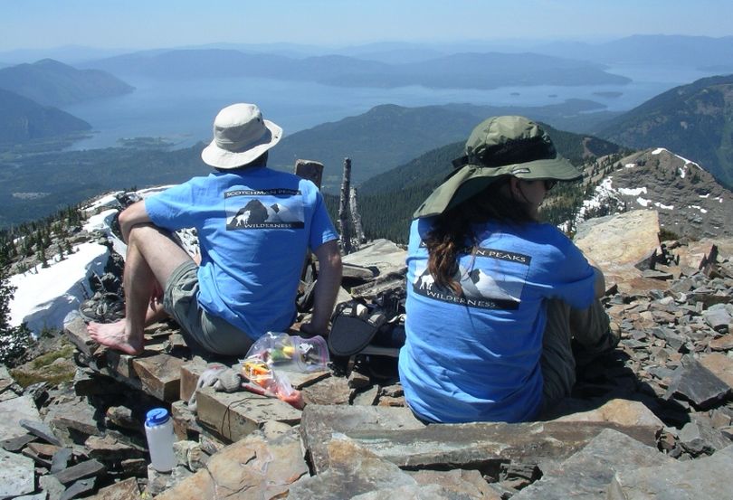 A pair of Friends of Scotchman Peaks Wilderness pause for lunch on Scotchman Peak above Lake Pend Oreille in Bonner County, Idaho. Senator Jim Risch of Idaho introduced legislation to designate the area as Wilderness in 2016.  (Friends of Scotchman Peaks Wilderness)