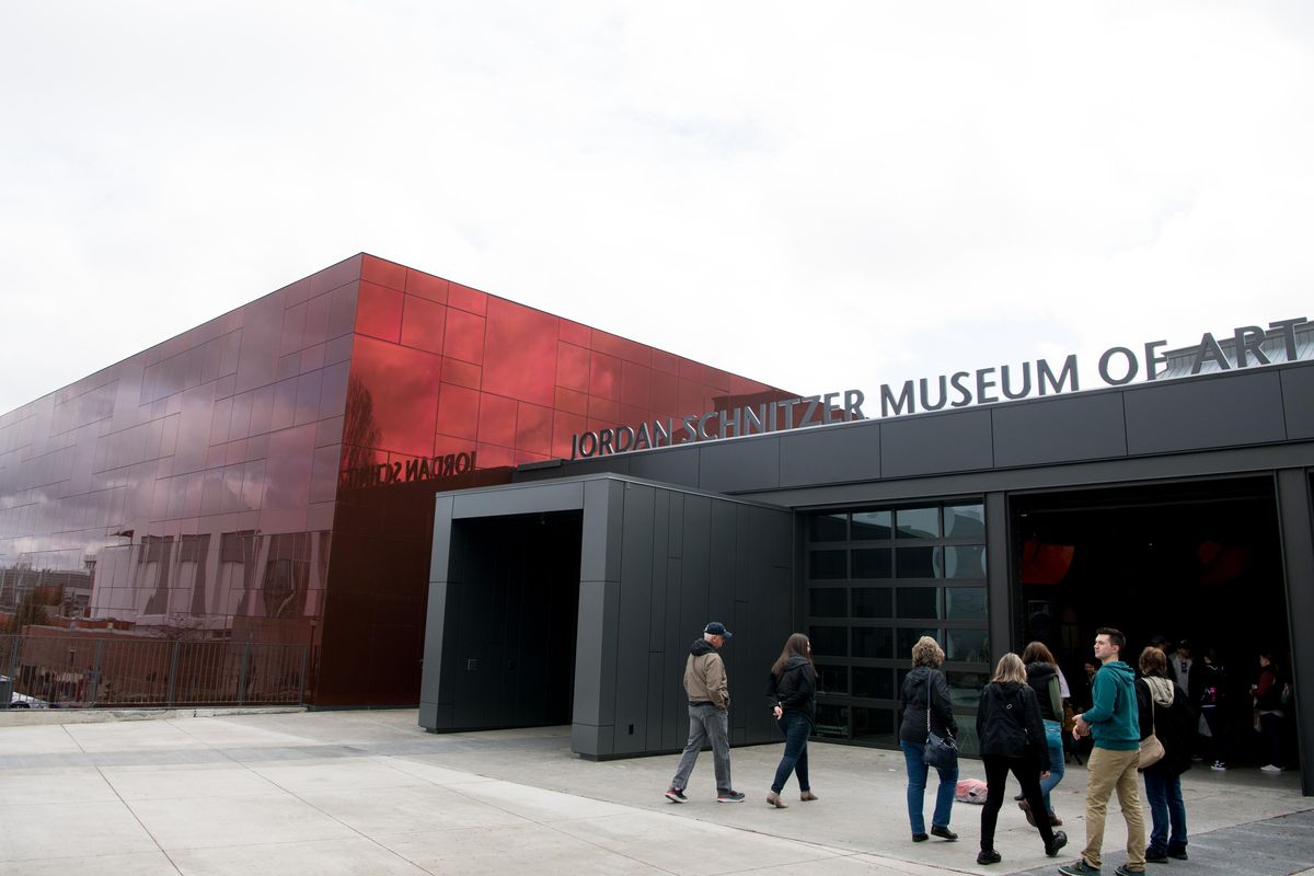 People gather for the grand opening of Washington State University’s new Jordan Schnitzer Museum of Art on Friday, April 6, 2018, in Pullman, Wash. (Tyler Tjomsland / The Spokesman-Review)